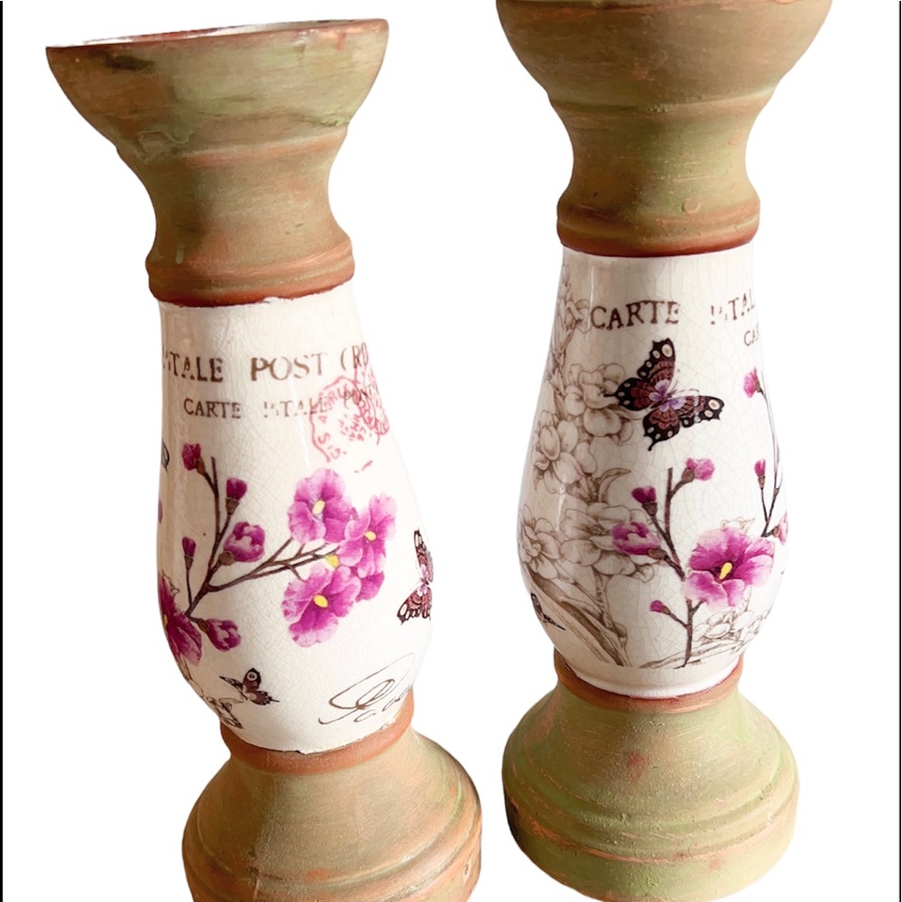 Vintage French Cottagecore Butterfly Floral Candlestick Holders